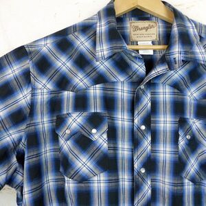 Wrangler Western Shirt Men 2XL Blue Plaid Sawtooth Pocket Pearl Snap Long Sleeve